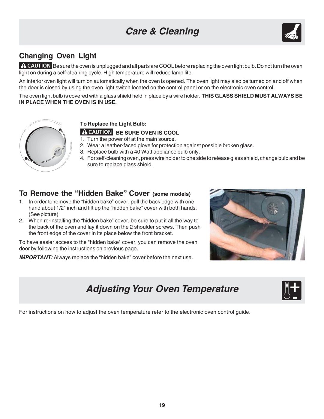 Frigidaire 318203875 Adjusting Your Oven Temperature, Changing Oven Light, To Remove the Hidden Bake Cover some models 