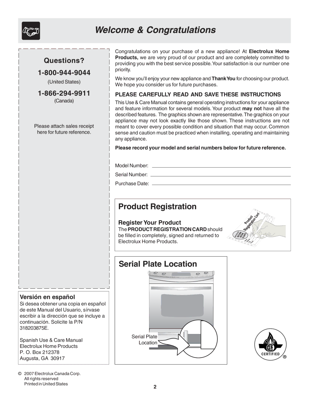 Frigidaire 318203875 warranty Welcome & Congratulations, Questions?, Versión en español, Register Your Product 