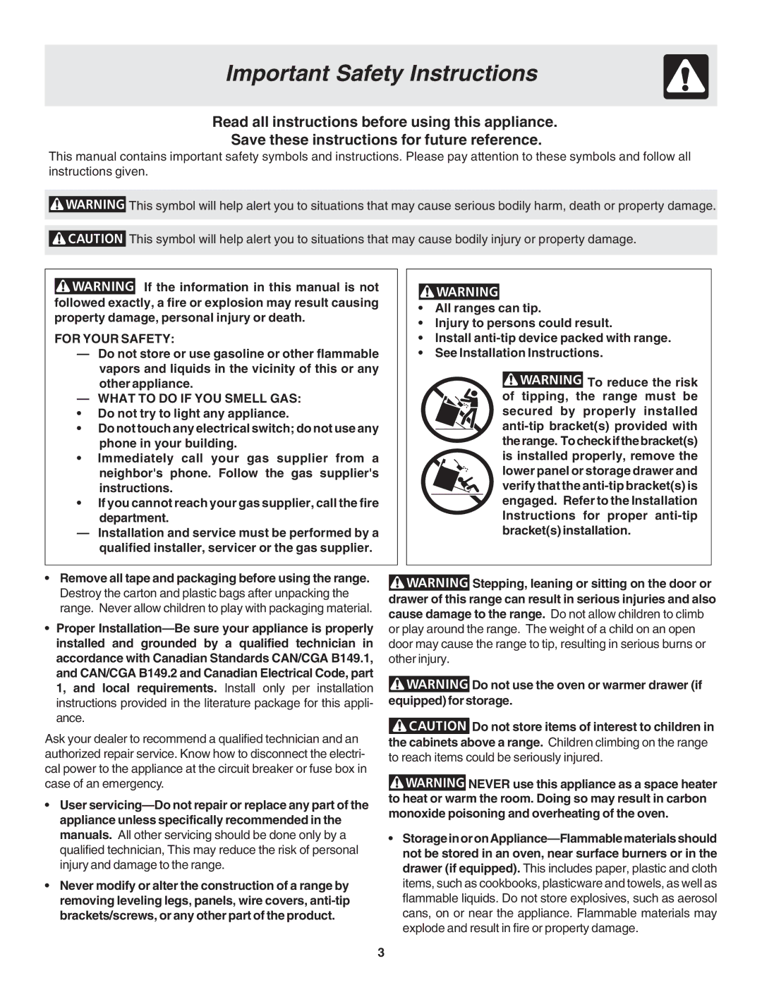 Frigidaire 318203875 warranty Important Safety Instructions, For Your Safety, What to do if YOU Smell GAS 