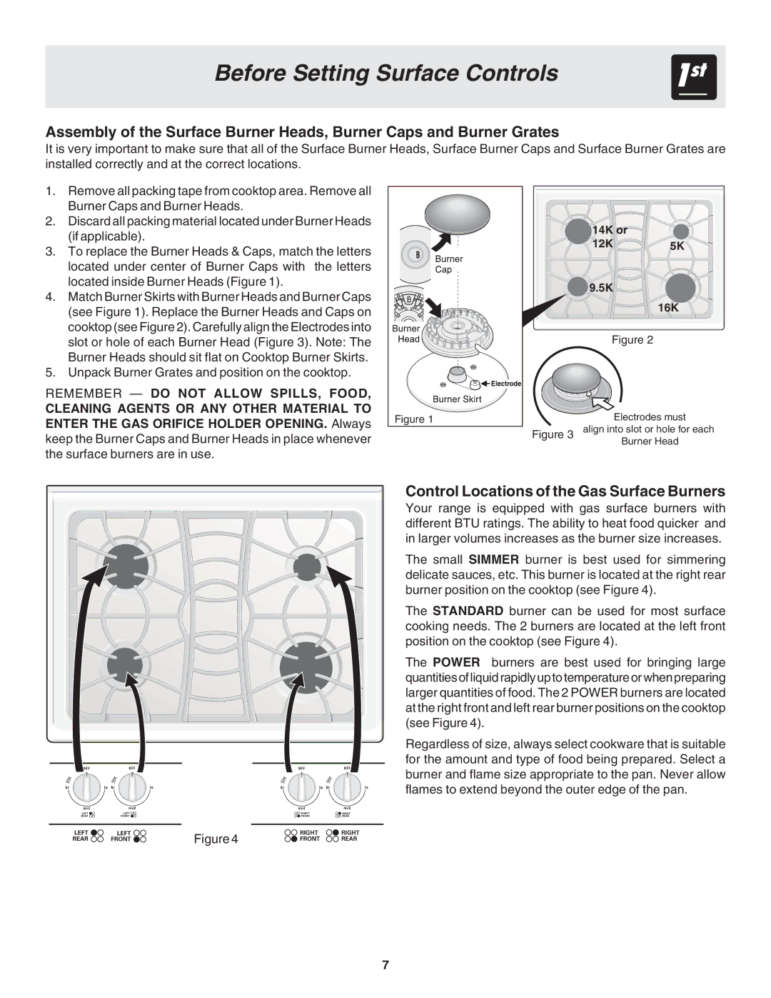 Frigidaire 318203875 warranty Before Setting Surface Controls, Control Locations of the Gas Surface Burners, 14K or 12K 