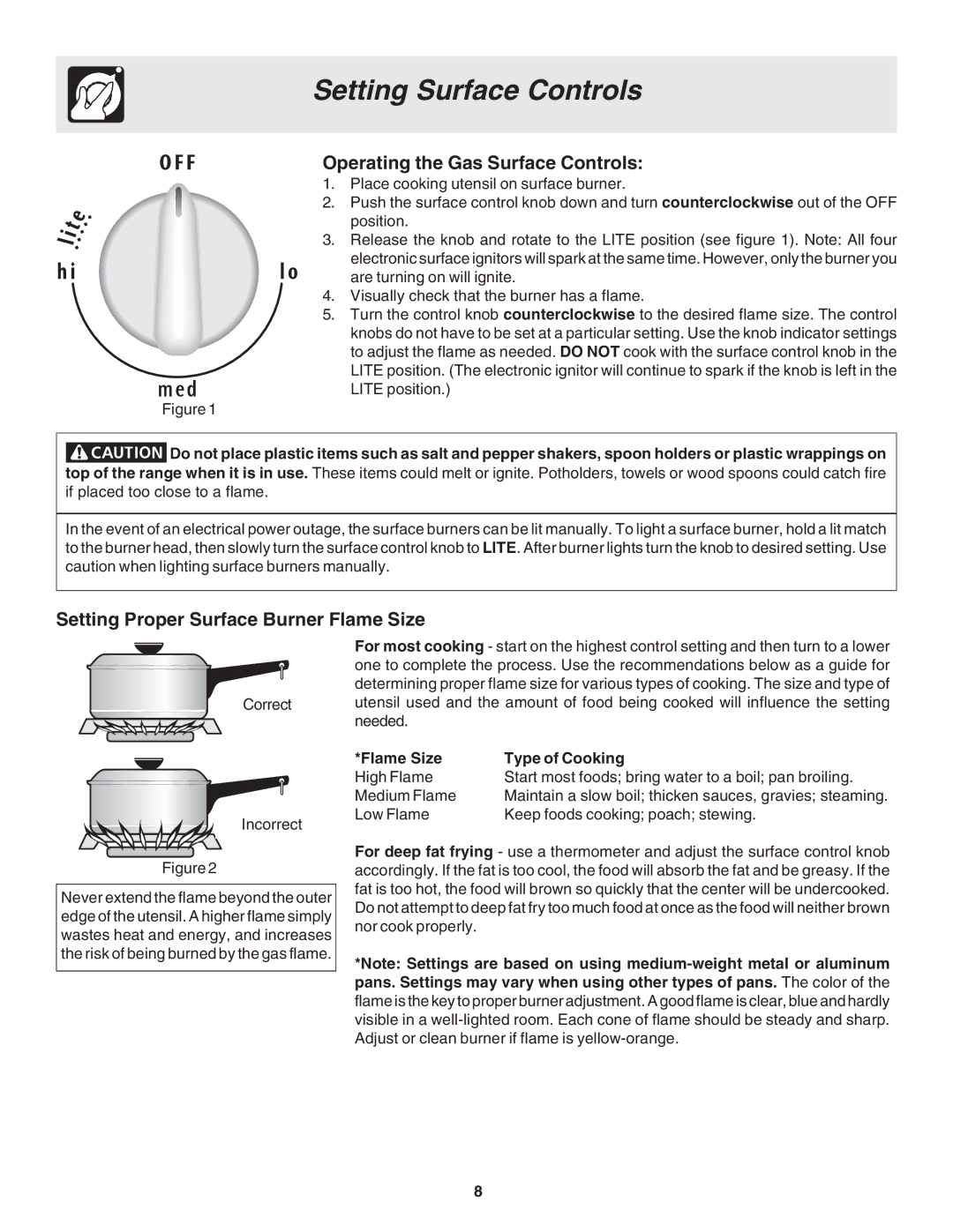 Frigidaire 318203875 warranty Setting Surface Controls, Operating the Gas Surface Controls, Flame Size Type of Cooking 