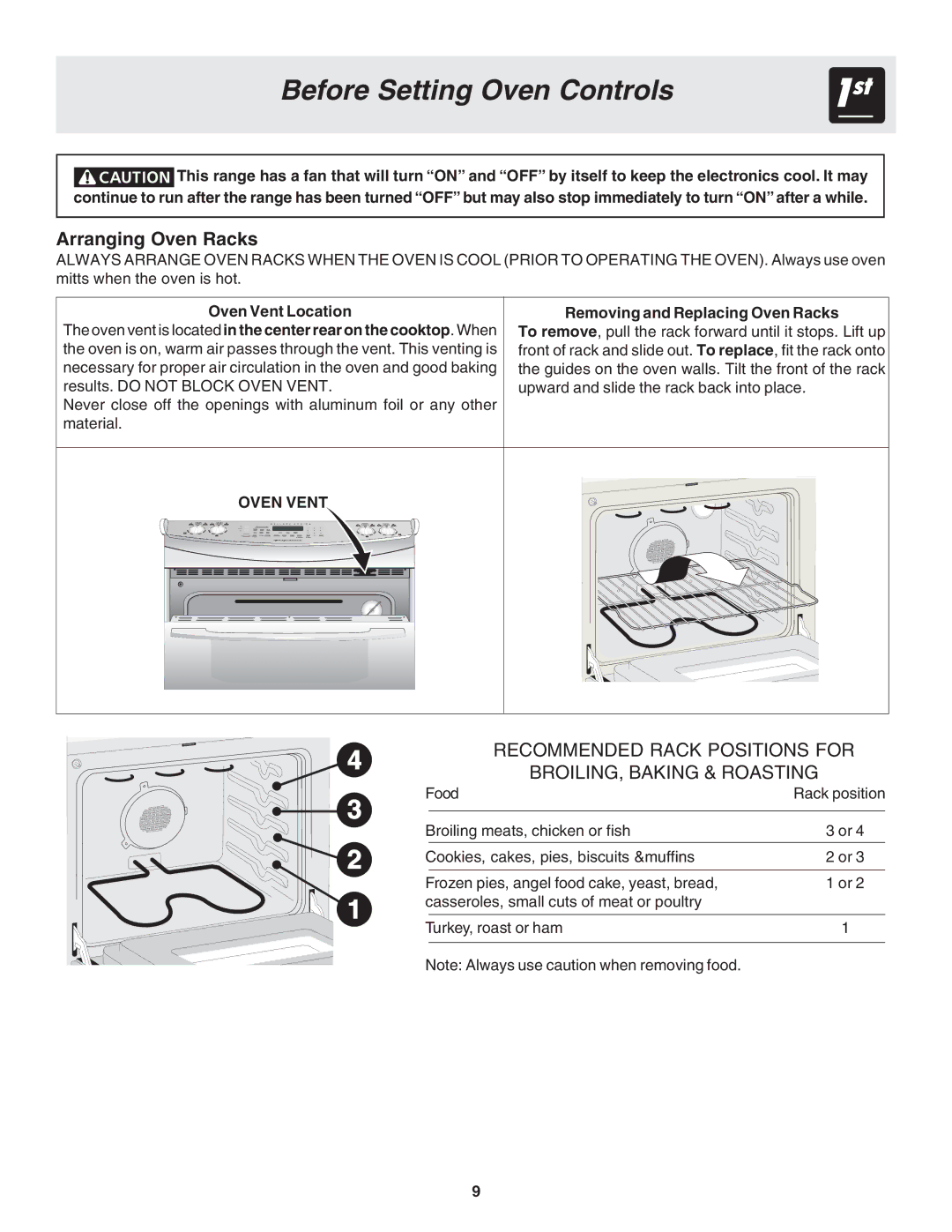 Frigidaire 318203875 Before Setting Oven Controls, Arranging Oven Racks, Removing and Replacing Oven Racks, Oven Vent 