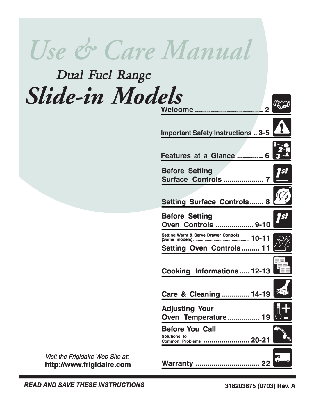Frigidaire 318203875 warranty Slide-in Models, Dual Fuel Range 