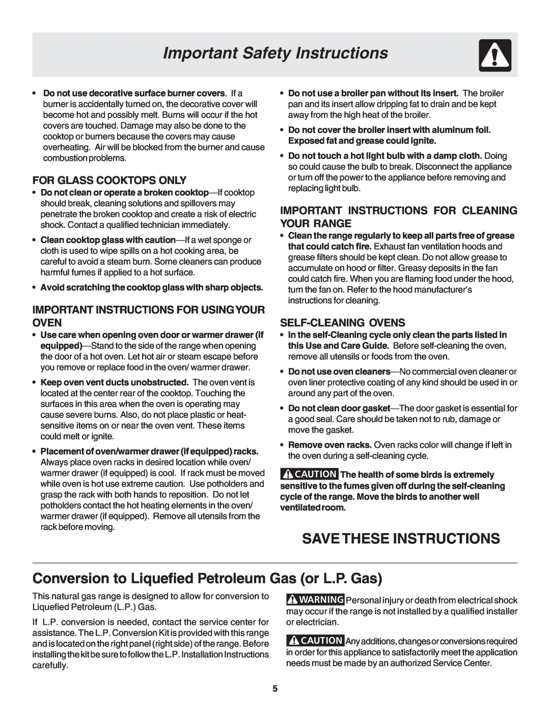Frigidaire 318203875 Save These Instructions, Conversion to Liquefied Petroleum Gas or L.P. Gas, For Glass Cooktops Only 