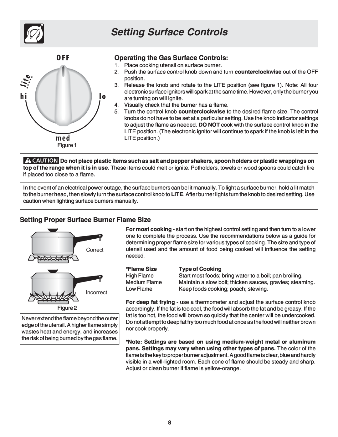 Frigidaire 318203875 warranty Setting Surface Controls, Operating the Gas Surface Controls, Flame Size, Type of Cooking 
