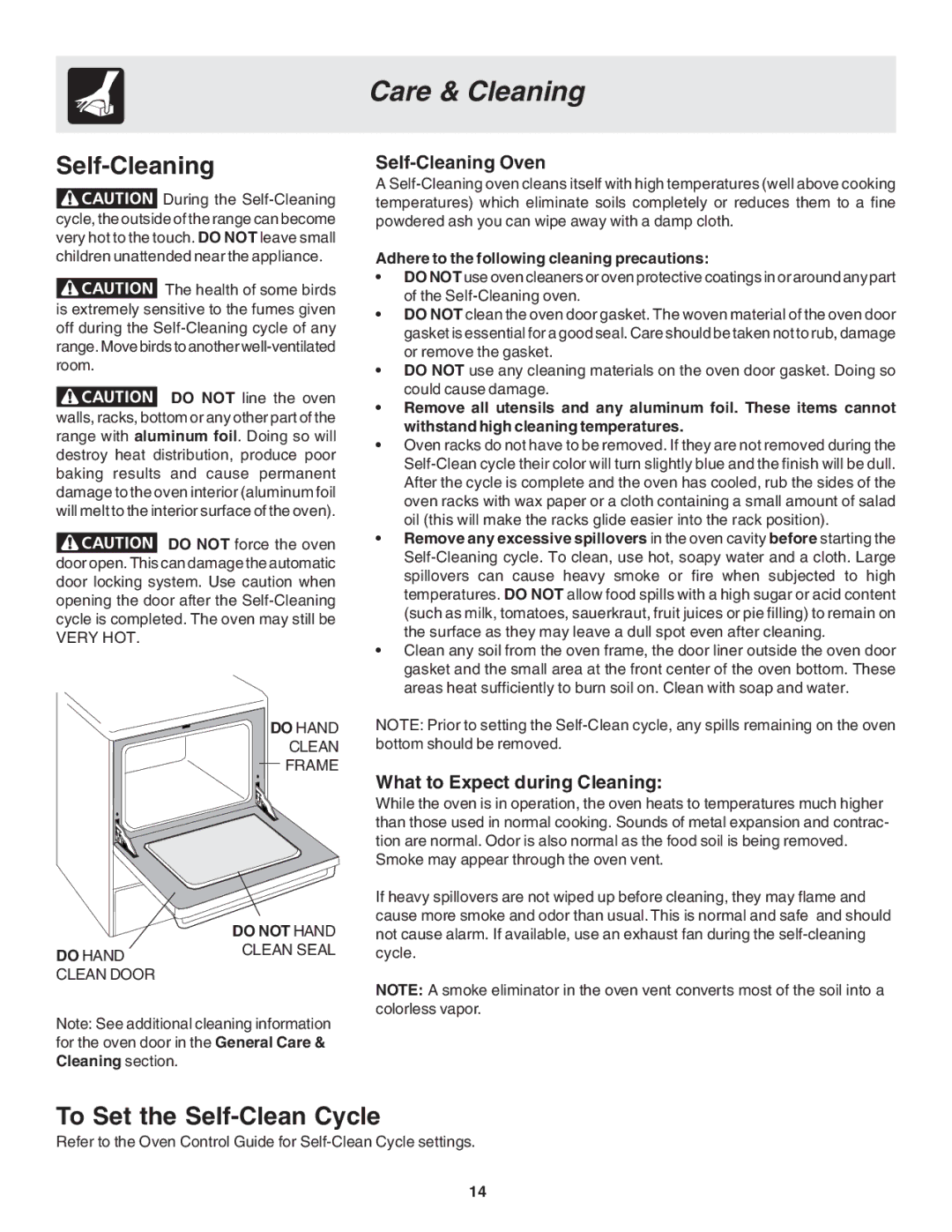 Frigidaire 318203877 Care & Cleaning, To Set the Self-Clean Cycle, Self-Cleaning Oven, What to Expect during Cleaning 