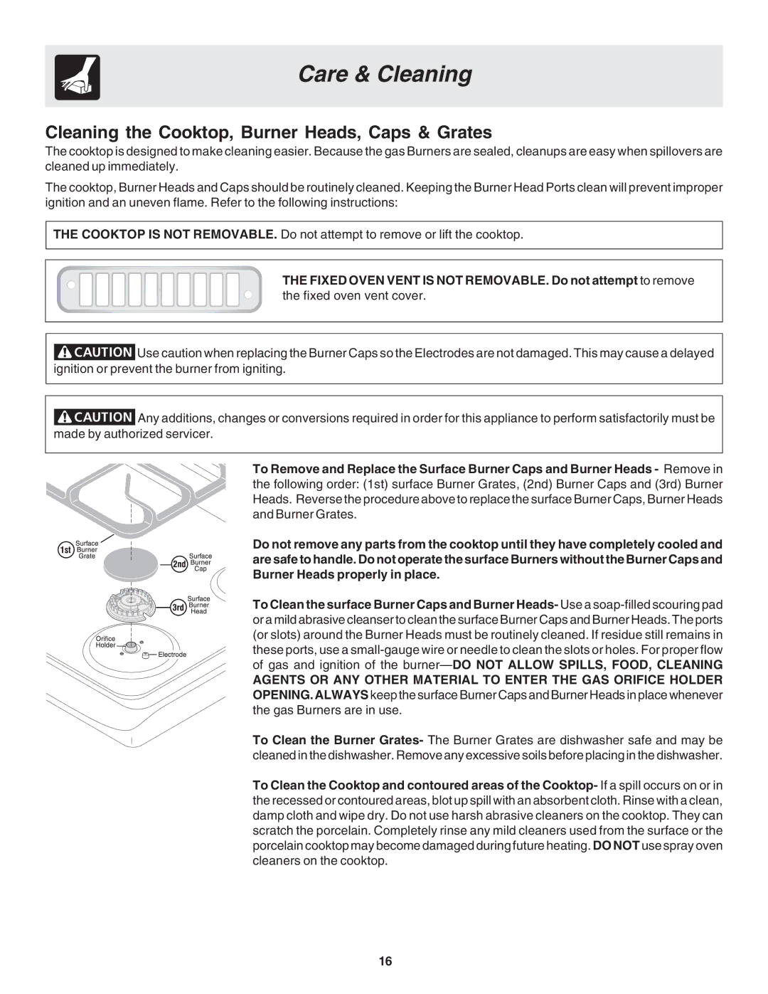 Frigidaire 318203877 manual Cleaning the Cooktop, Burner Heads, Caps & Grates 