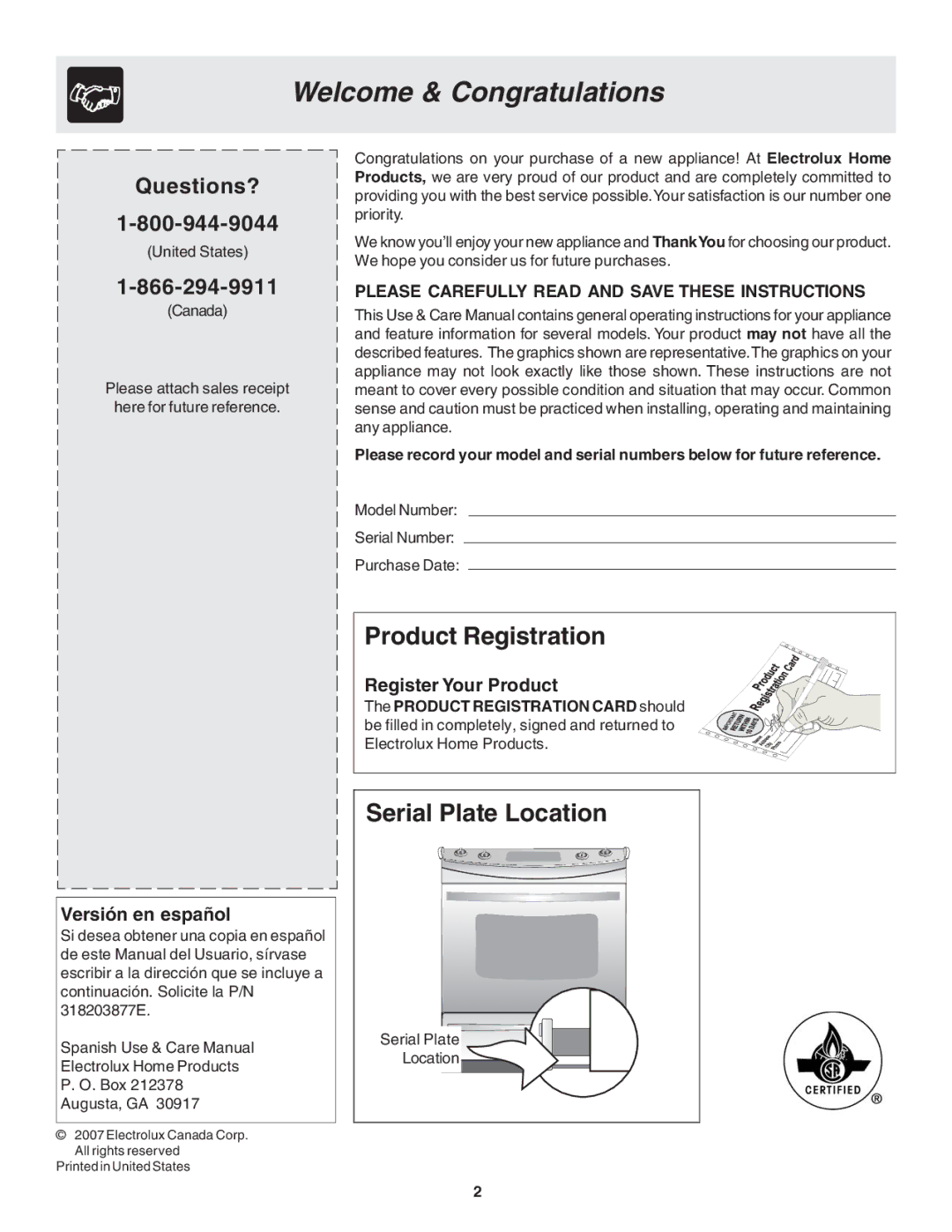 Frigidaire 318203877 manual Welcome & Congratulations, Product Registration, Serial Plate Location, Questions? 