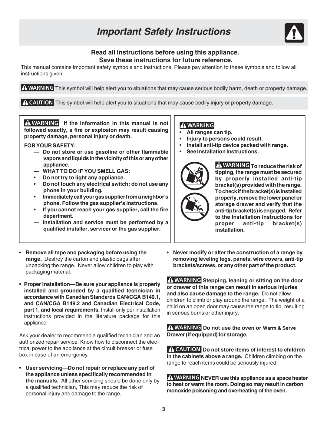 Frigidaire 318203877 manual Important Safety Instructions, For Your Safety, What to do if YOU Smell GAS 