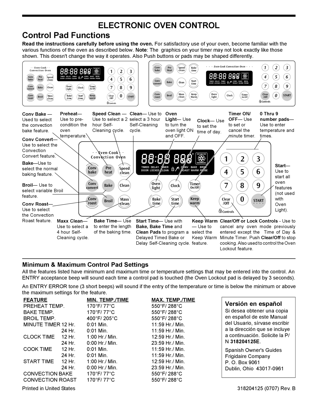 Frigidaire manual Control Pad Functions, Minimum & Maximum Control Pad Settings, Versión en español, 318204125E 