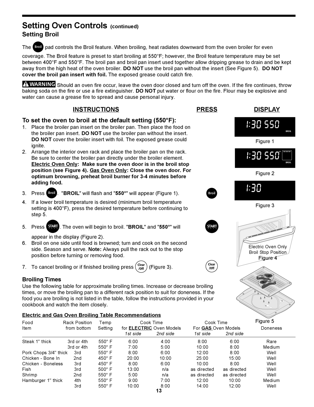 Frigidaire 318204125 manual Setting Broil, Instructionspress, To set the oven to broil at the default setting 550F 