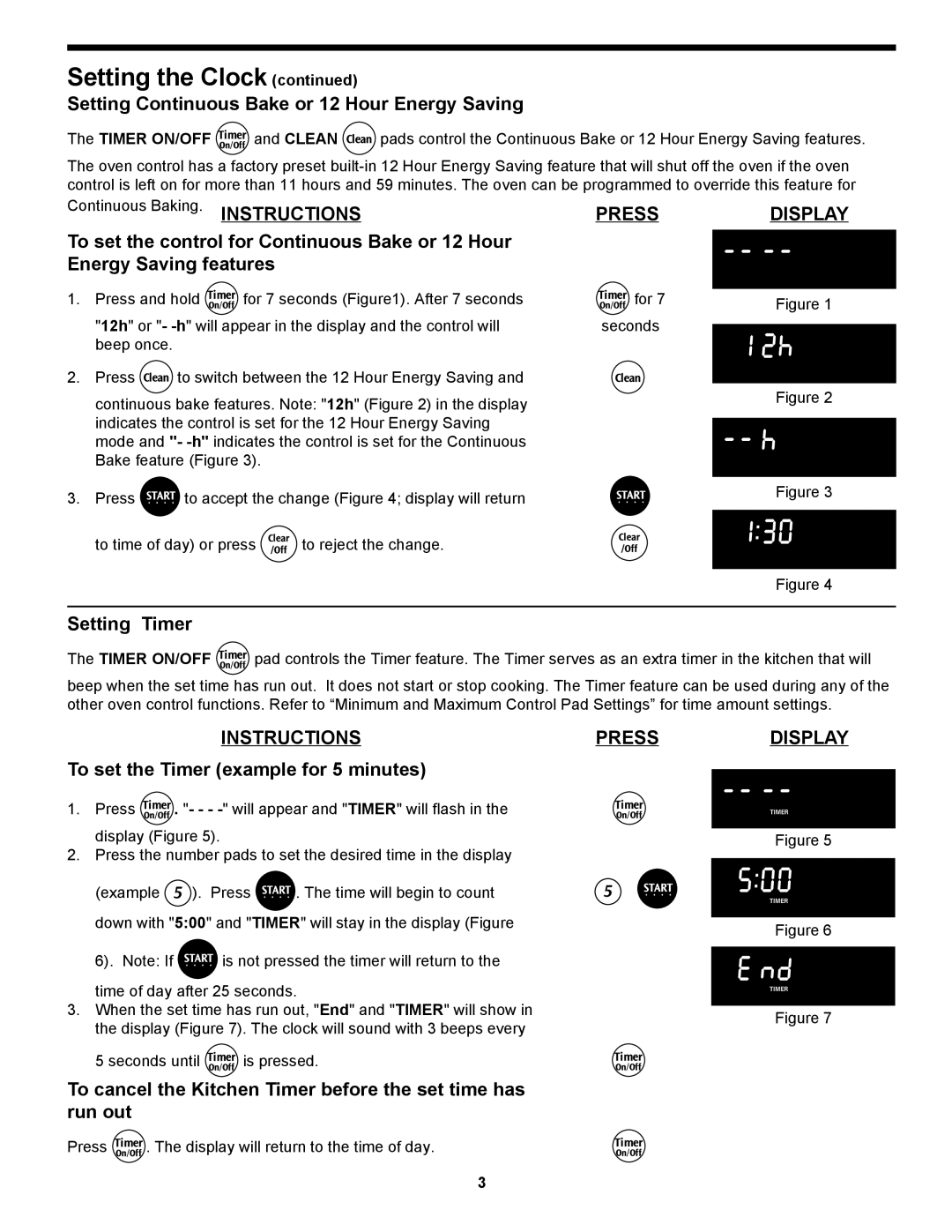 Frigidaire 318204125 manual Setting Continuous Bake or 12 Hour Energy Saving, Setting Timer, Pressdisplay 