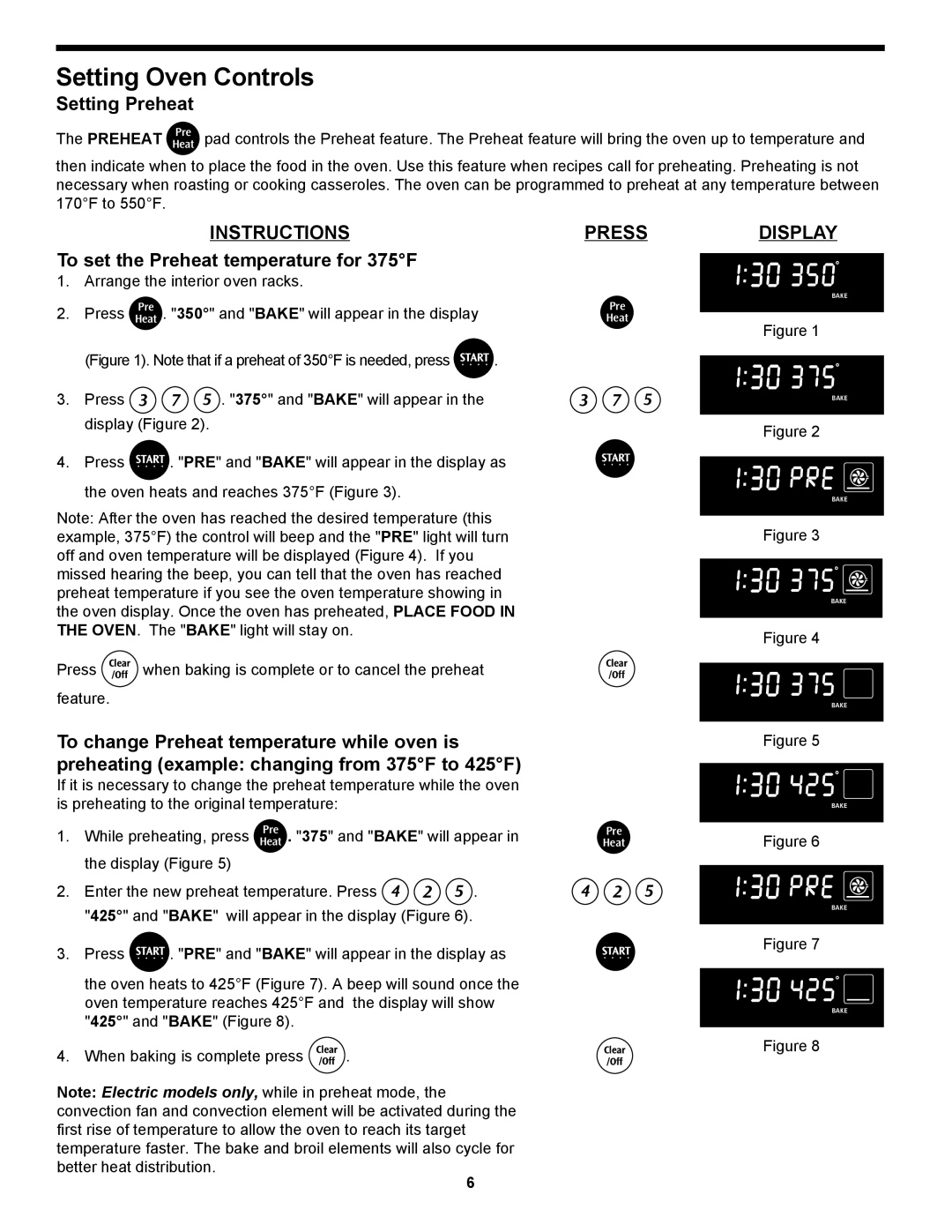 Frigidaire 318204125 manual Setting Oven Controls, Setting Preheat, To set the Preheat temperature for 375F 