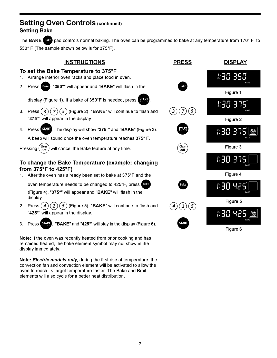 Frigidaire 318204125 manual Setting Bake, To set the Bake Temperature to 375F 