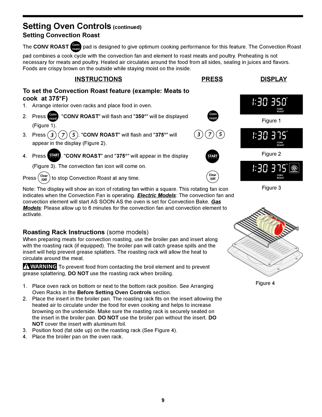 Frigidaire 318204125 manual Setting Convection Roast, Roasting Rack Instructions some models 