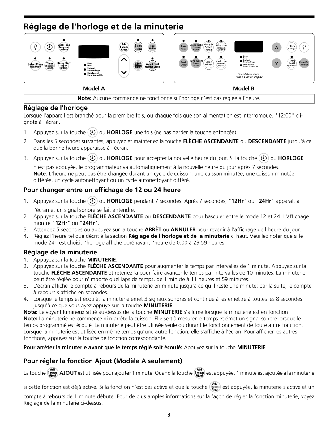 Frigidaire CGEB27Z7HB manual Réglage de lhorloge et de la minuterie, Pour changer entre un affichage de 12 ou 24 heure 