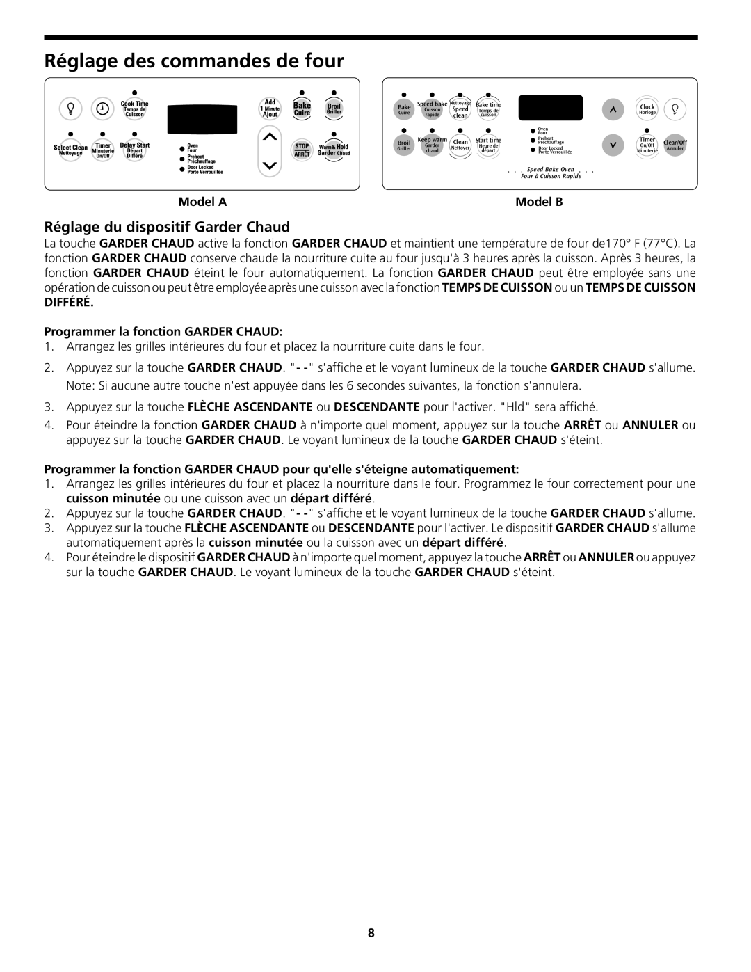 Frigidaire 318204142 (0802), CGEB27Z7HB manual Réglage du dispositif Garder Chaud, Programmer la fonction Garder Chaud 