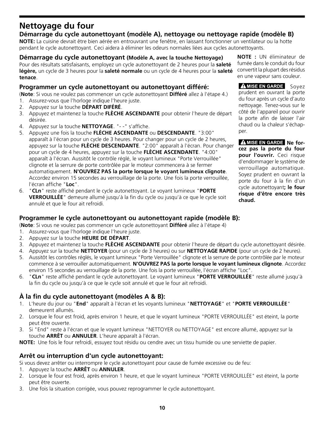 Frigidaire 318204142 (0802), CGEB27Z7HB manual Nettoyage du four, Programmer un cycle autonettoyant ou autonettoyant différé 