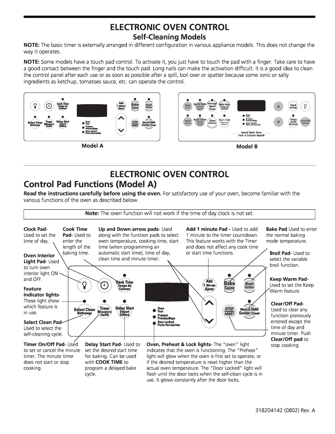 Frigidaire CGEB27Z7HB manual Electronic Oven Control, Control Pad Functions Model A, Self-CleaningModels, Model B 