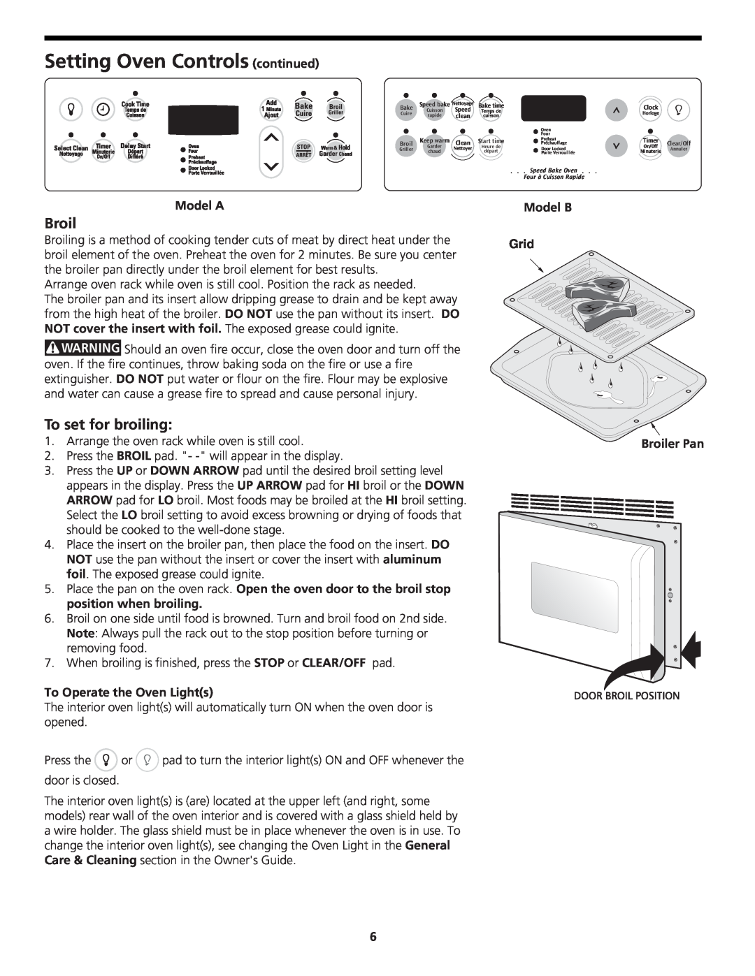 Frigidaire 318204142 (0802) Setting Oven Controls continued, Broil, To set for broiling, To Operate the Oven Lights, Grid 