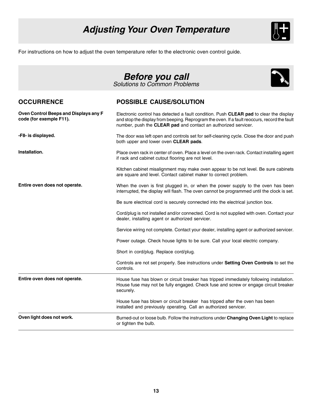 Frigidaire 318205103 manual Adjusting Your Oven Temperature, Before you call 