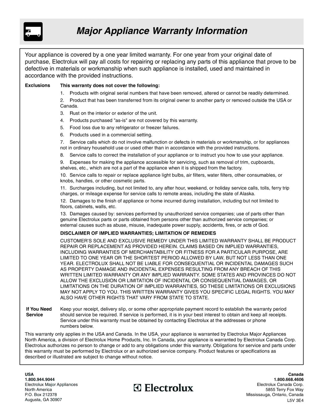 Frigidaire 318205103 manual Major Appliance Warranty Information, Exclusions This warranty does not cover the following 