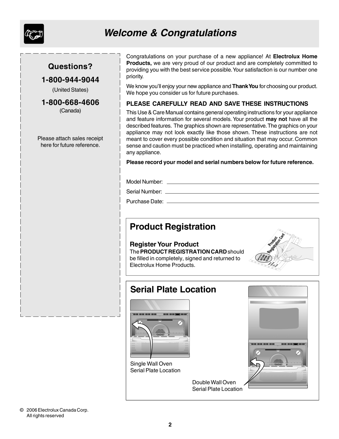 Frigidaire 318205103 manual Welcome & Congratulations, Product Registration, Serial Plate Location 