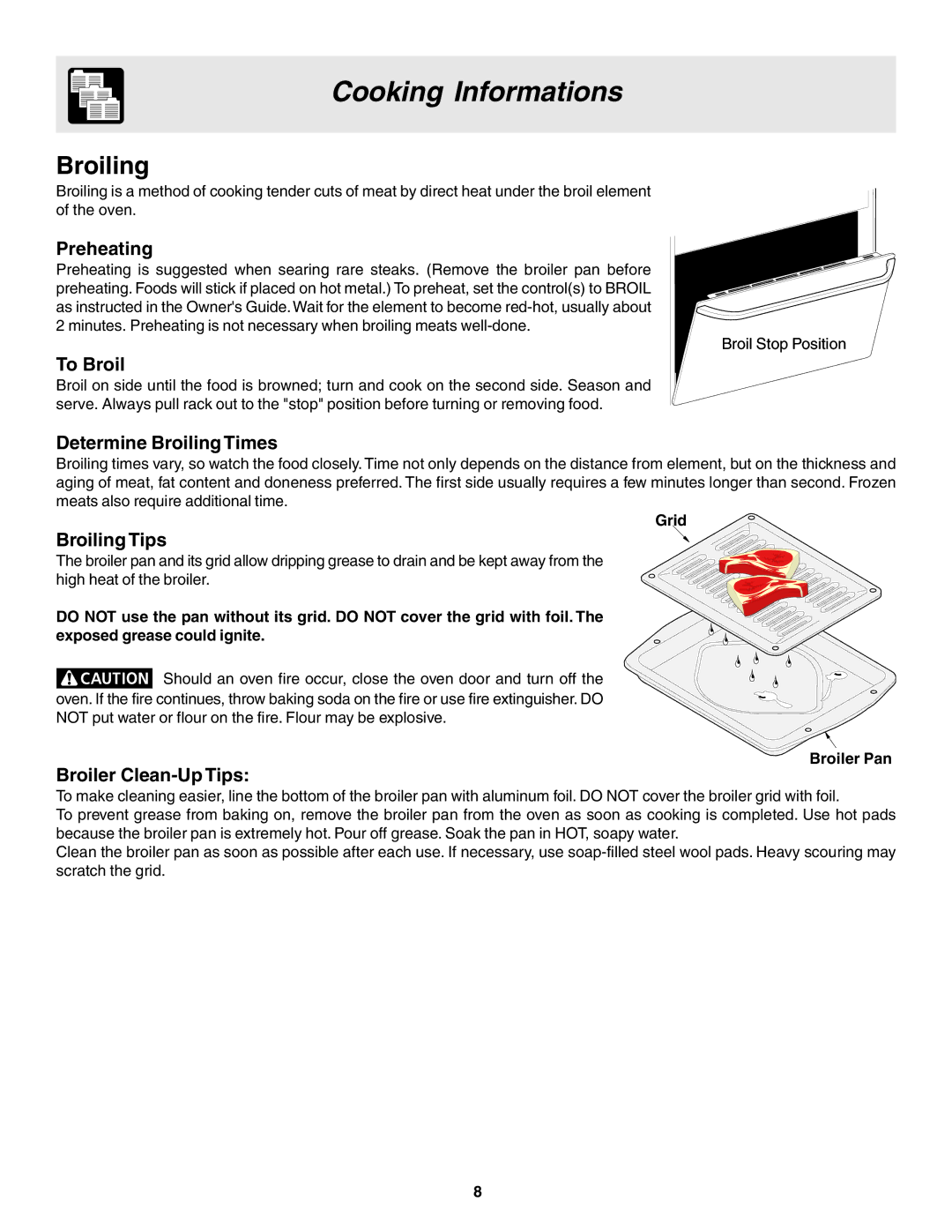 Frigidaire 318205103 manual Broiling, Grid, Broiler Pan 