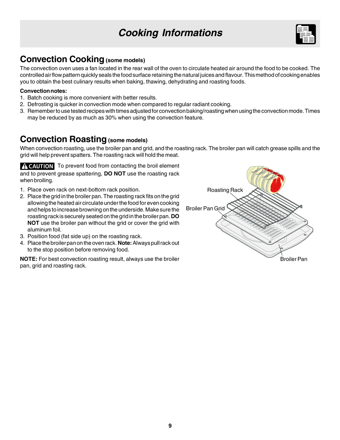 Frigidaire 318205103 manual Convection Cooking some models, Convection Roasting some models, Convection notes 