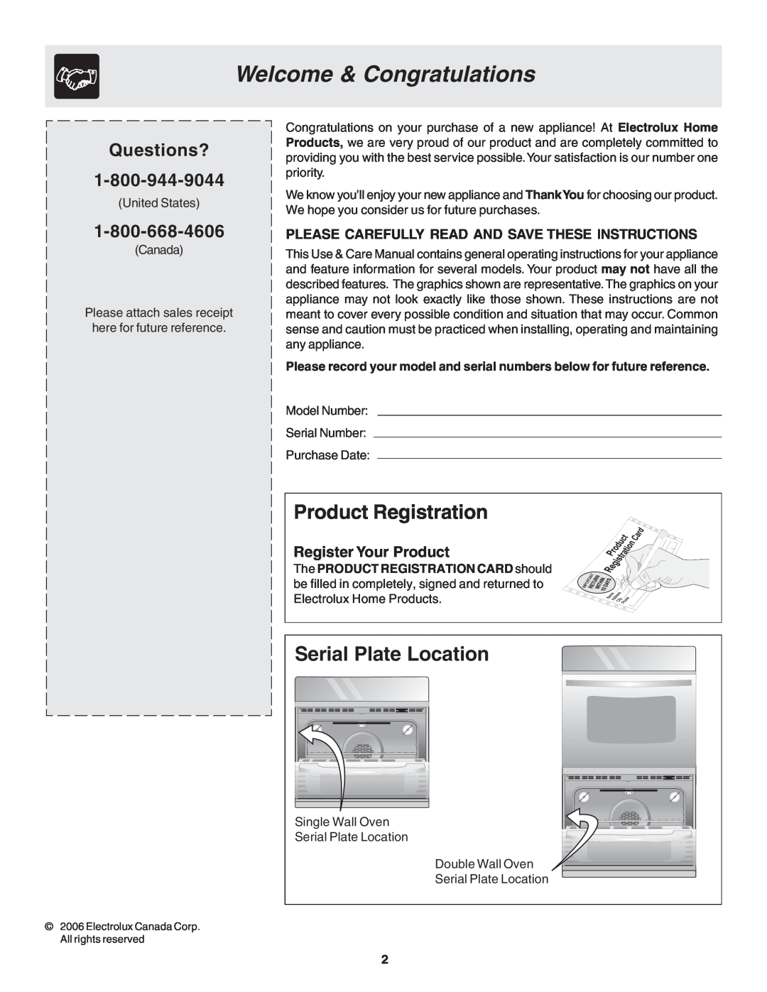 Frigidaire 318205103 manual Welcome & Congratulations, Product Registration, Serial Plate Location, Questions? 