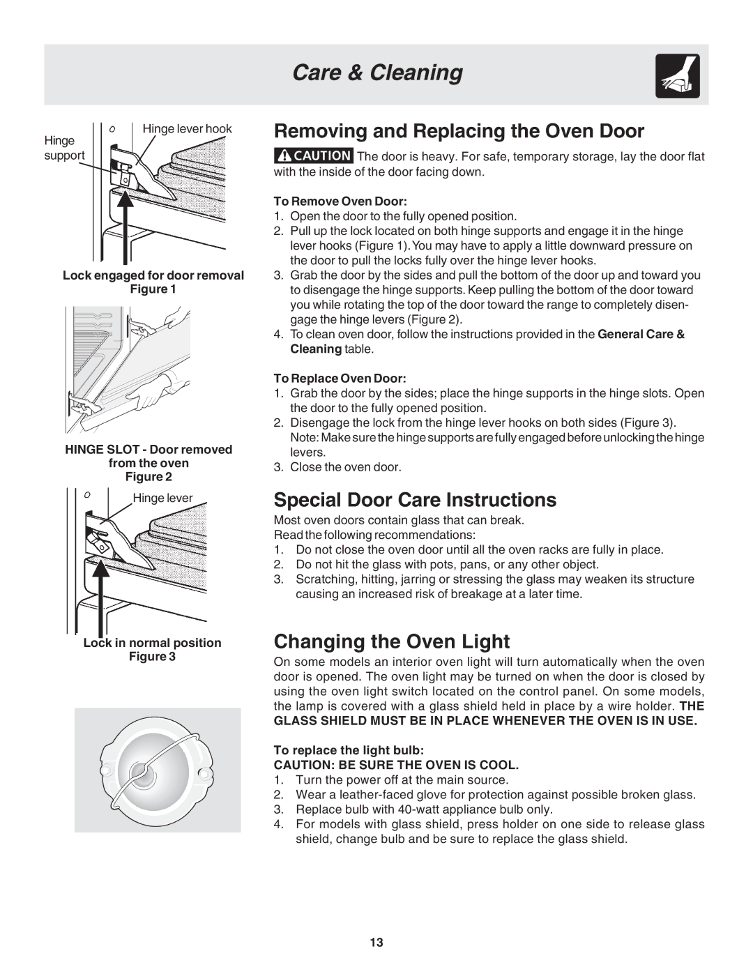 Frigidaire 318205115E Removing and Replacing the Oven Door, Special Door Care Instructions, Changing the Oven Light 