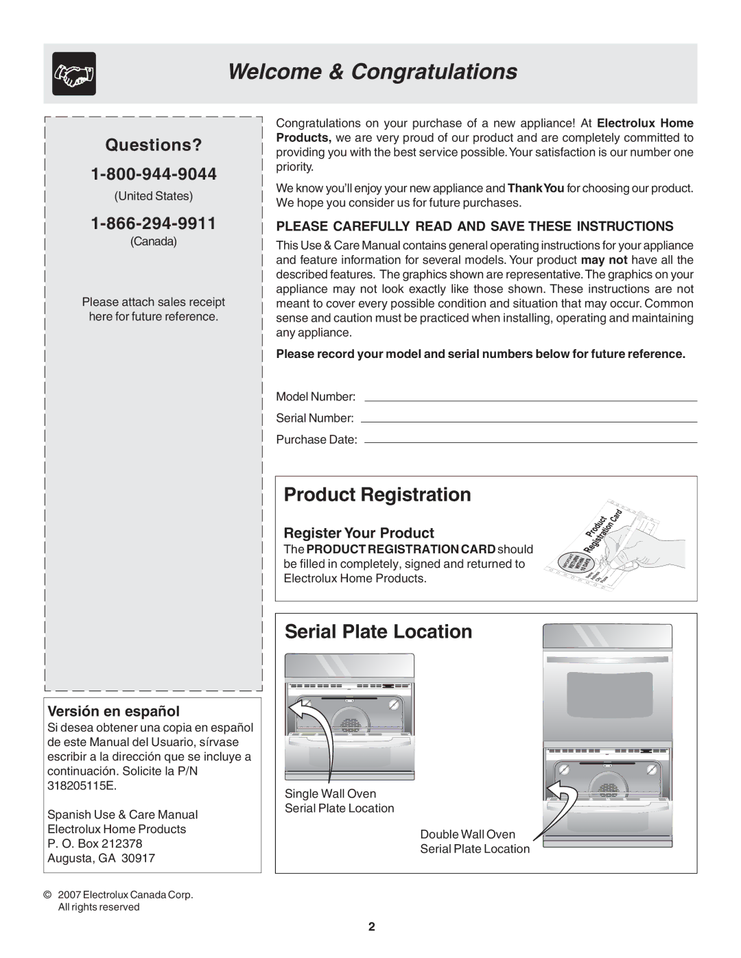 Frigidaire 318205115E warranty Welcome & Congratulations, Product Registration, Serial Plate Location 