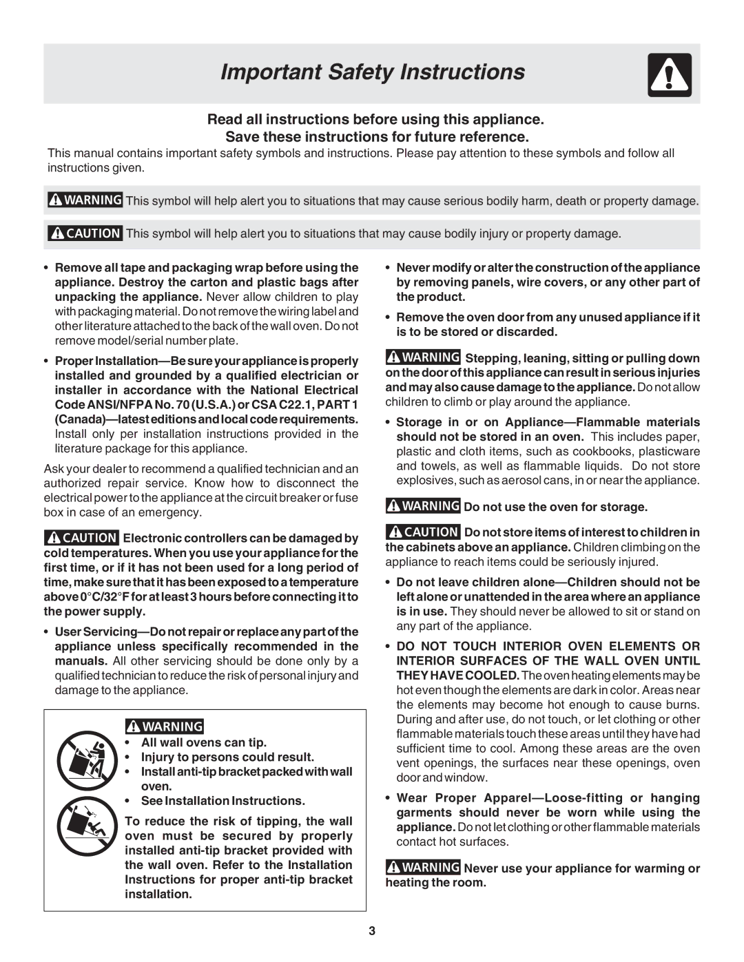 Frigidaire 318205115E warranty Important Safety Instructions 