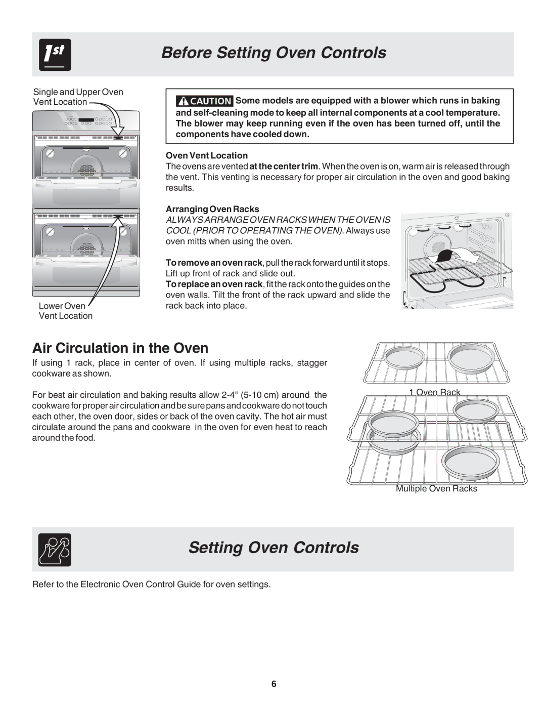 Frigidaire 318205115E warranty Before Setting Oven Controls, Air Circulation in the Oven, Arranging Oven Racks 