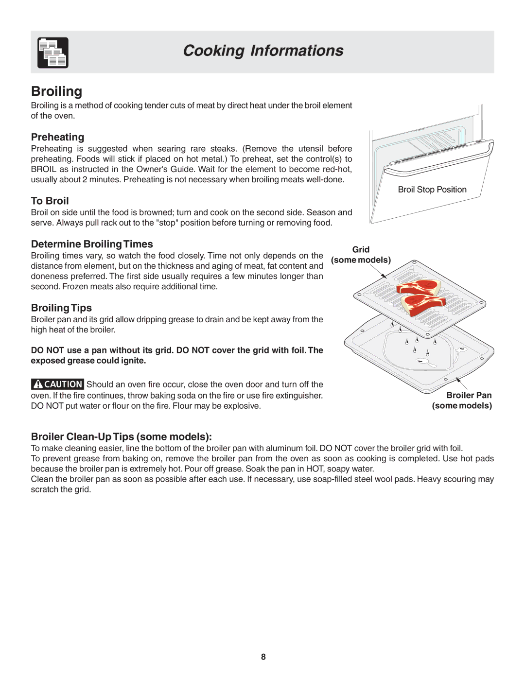 Frigidaire 318205115E warranty Broiling, Grid Some models 