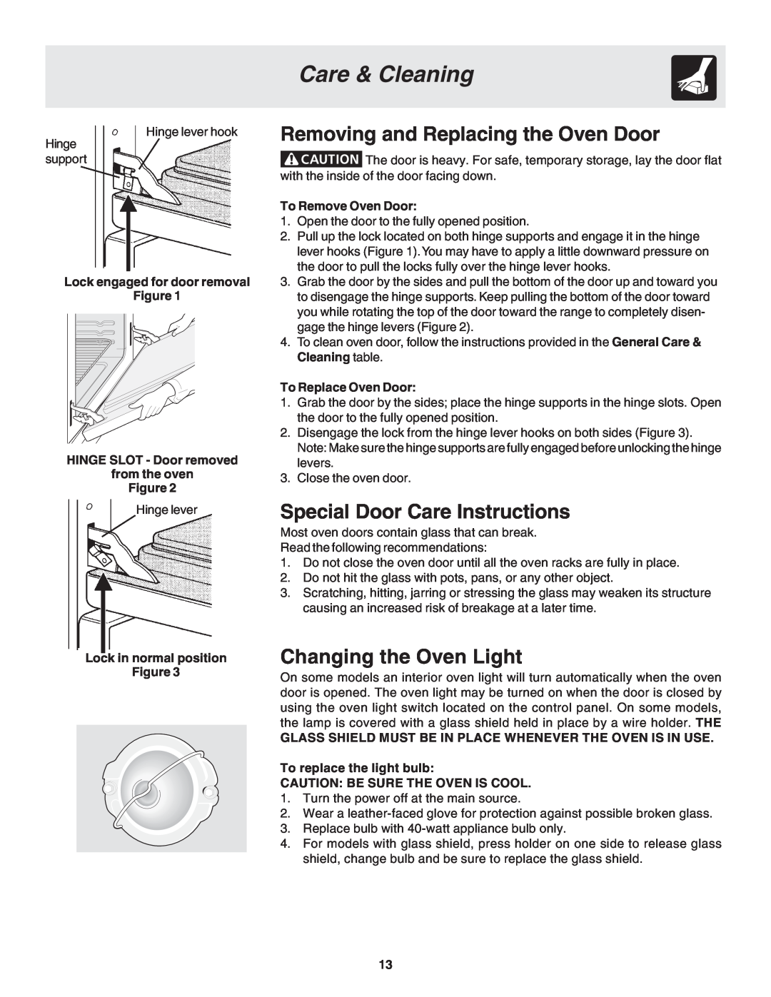 Frigidaire 318205115E Removing and Replacing the Oven Door, Special Door Care Instructions, Changing the Oven Light 
