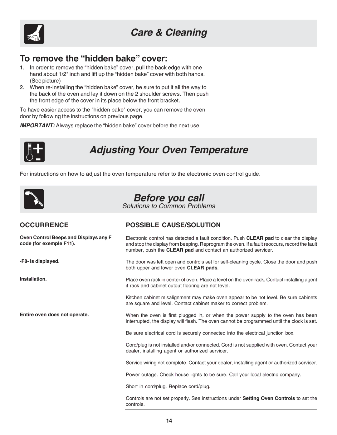 Frigidaire 318205116 warranty Adjusting Your Oven Temperature, Before you call, To remove the hidden bake cover 