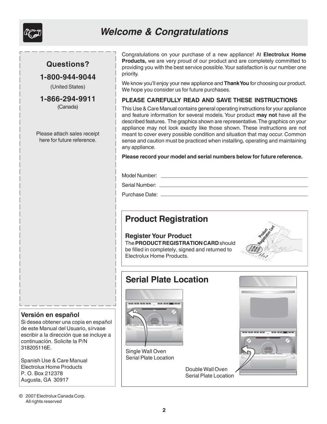 Frigidaire 318205116 warranty Welcome & Congratulations, Product Registration, Serial Plate Location 