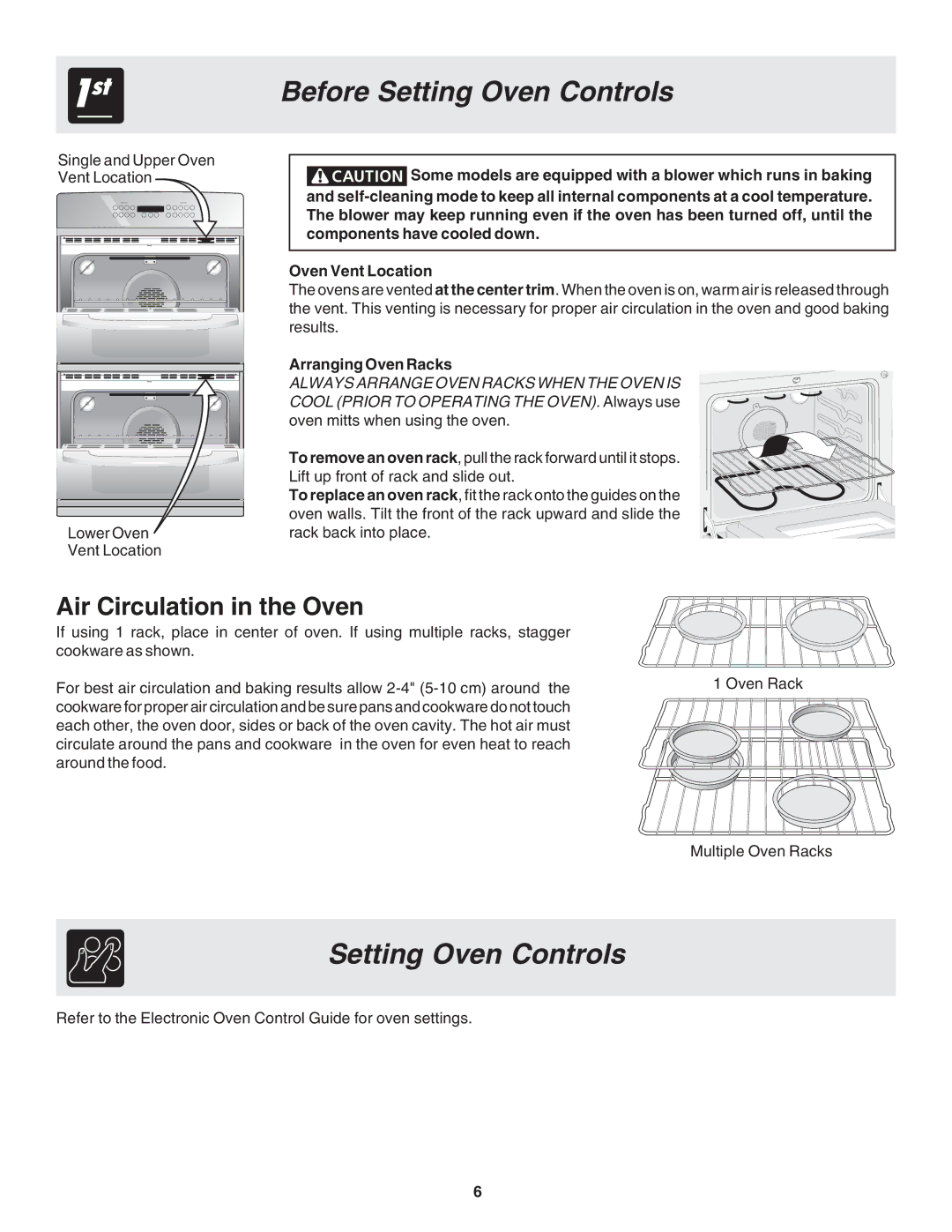 Frigidaire 318205116 warranty Before Setting Oven Controls, Air Circulation in the Oven, Arranging Oven Racks 