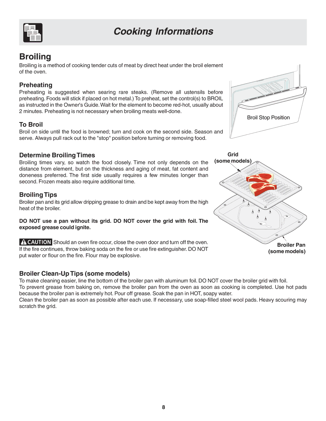 Frigidaire 318205116 warranty Broiling, Grid Some models Broiler Pan some models 