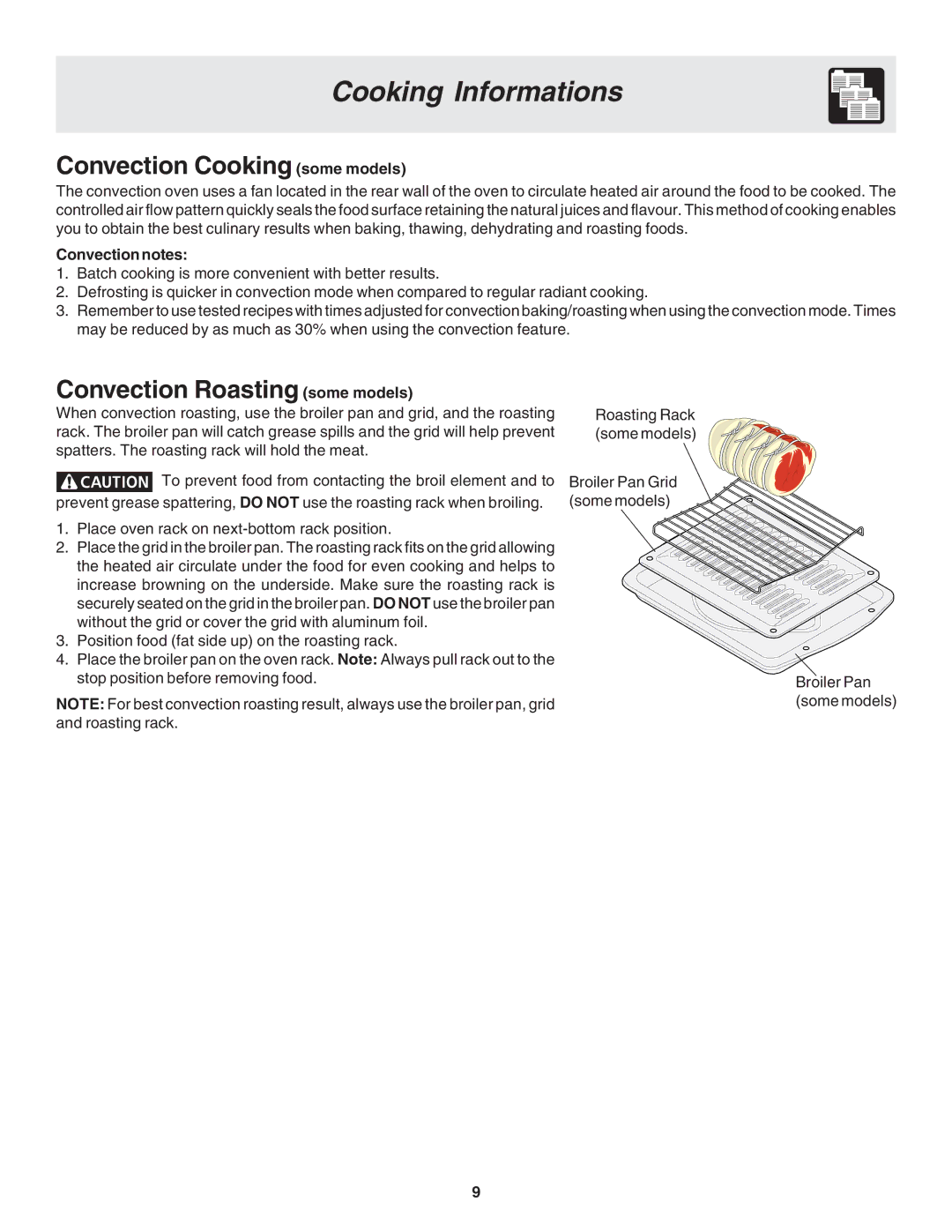 Frigidaire 318205116 warranty Convection Cooking some models, Convection Roasting some models, Convection notes 