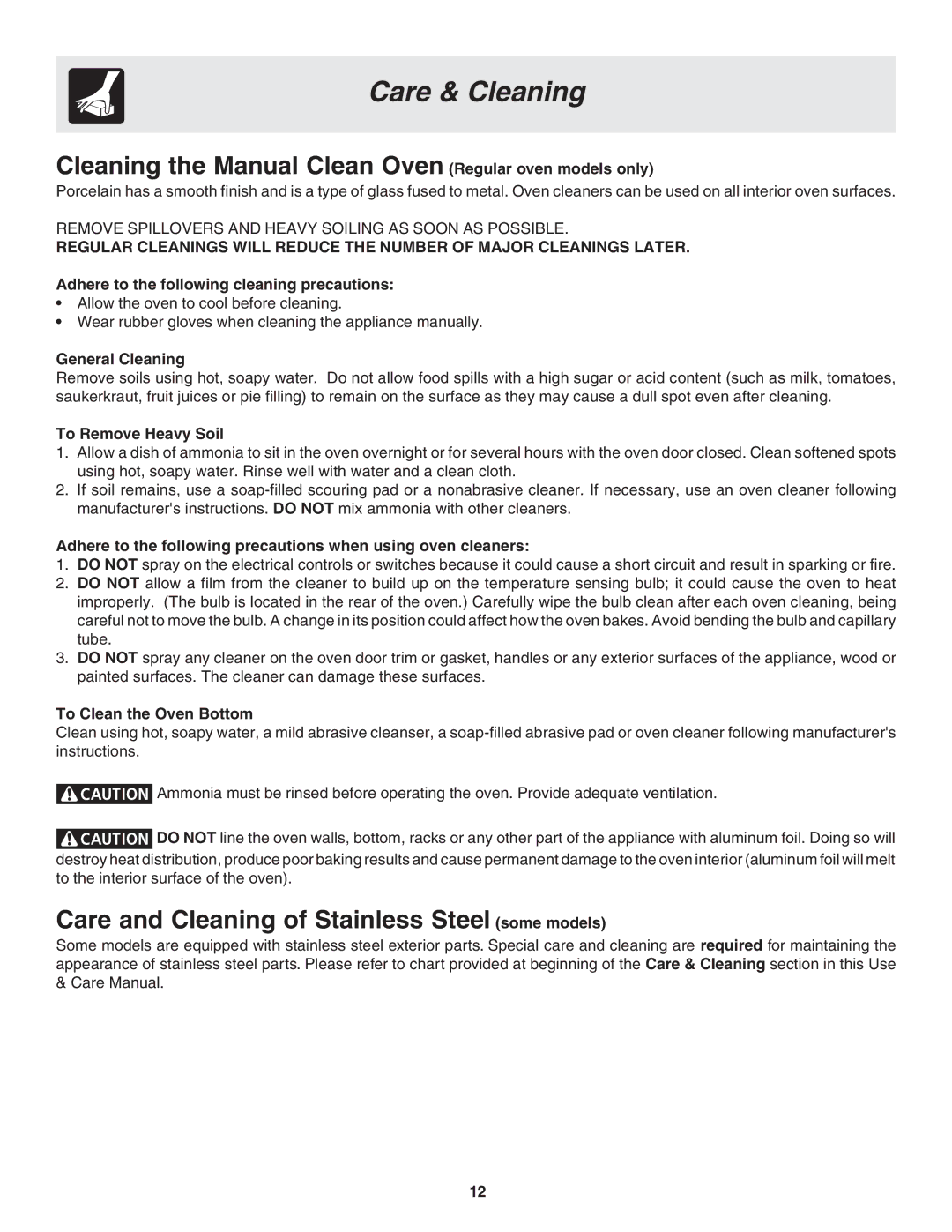 Frigidaire 318205119 Cleaning the Manual Clean Oven Regular oven models only, General Cleaning, To Remove Heavy Soil 