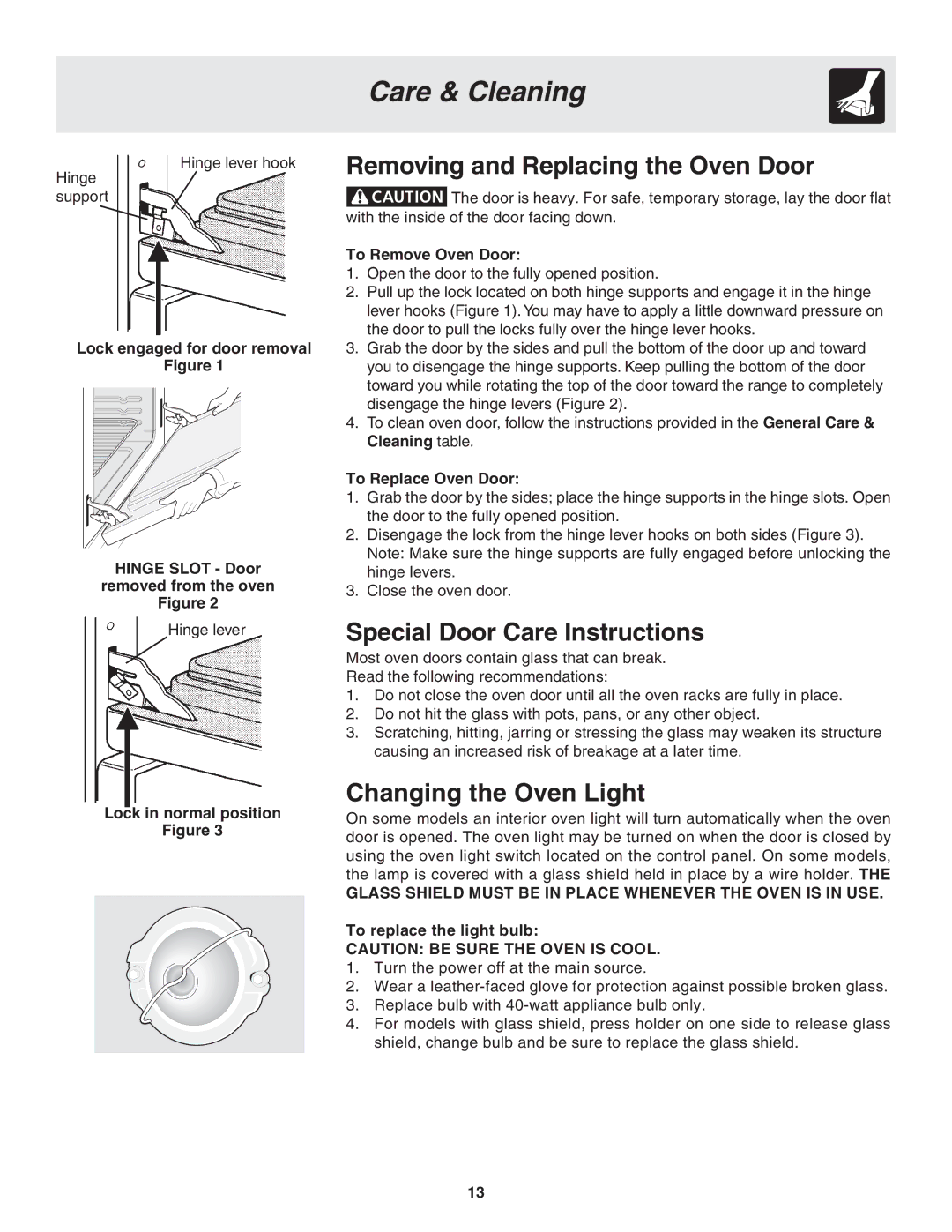 Frigidaire 318205119 warranty Removing and Replacing the Oven Door, Special Door Care Instructions, Changing the Oven Light 