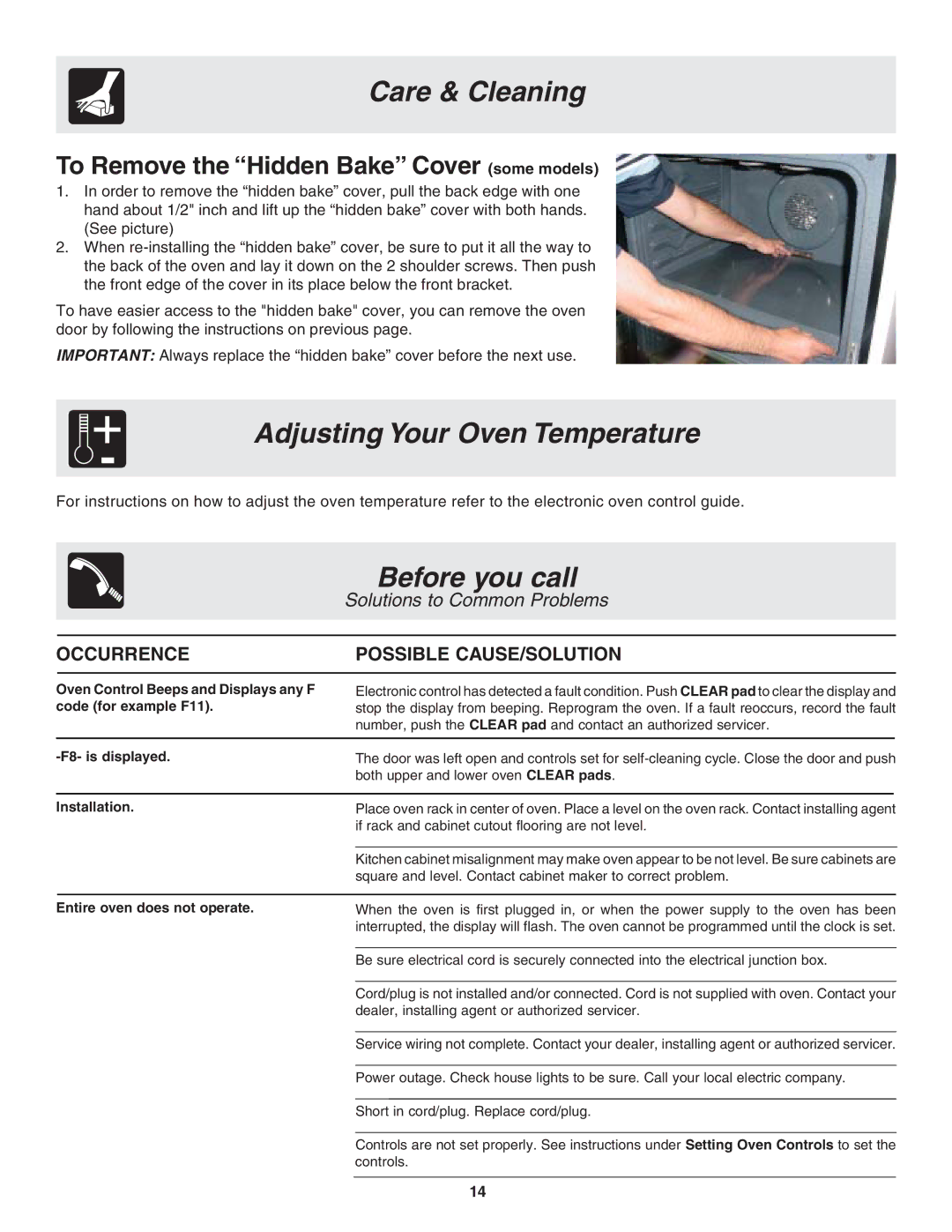 Frigidaire 318205119 warranty Adjusting Your Oven Temperature, Before you call, To Remove the Hidden Bake Cover some models 