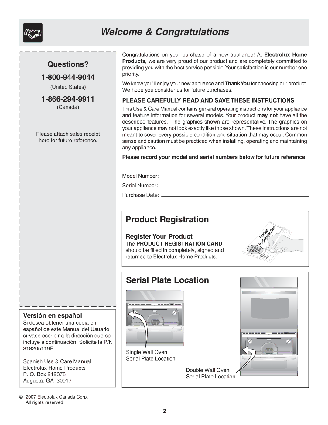 Frigidaire 318205119 warranty Welcome & Congratulations, Product Registration, Serial Plate Location 