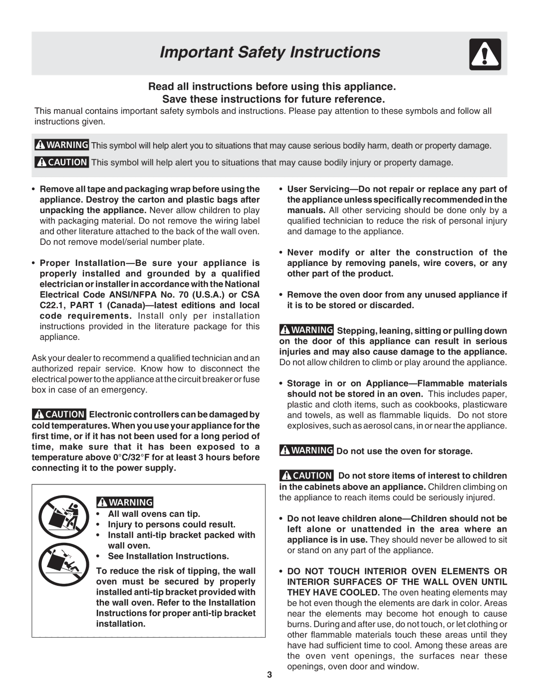 Frigidaire 318205119 warranty Important Safety Instructions 