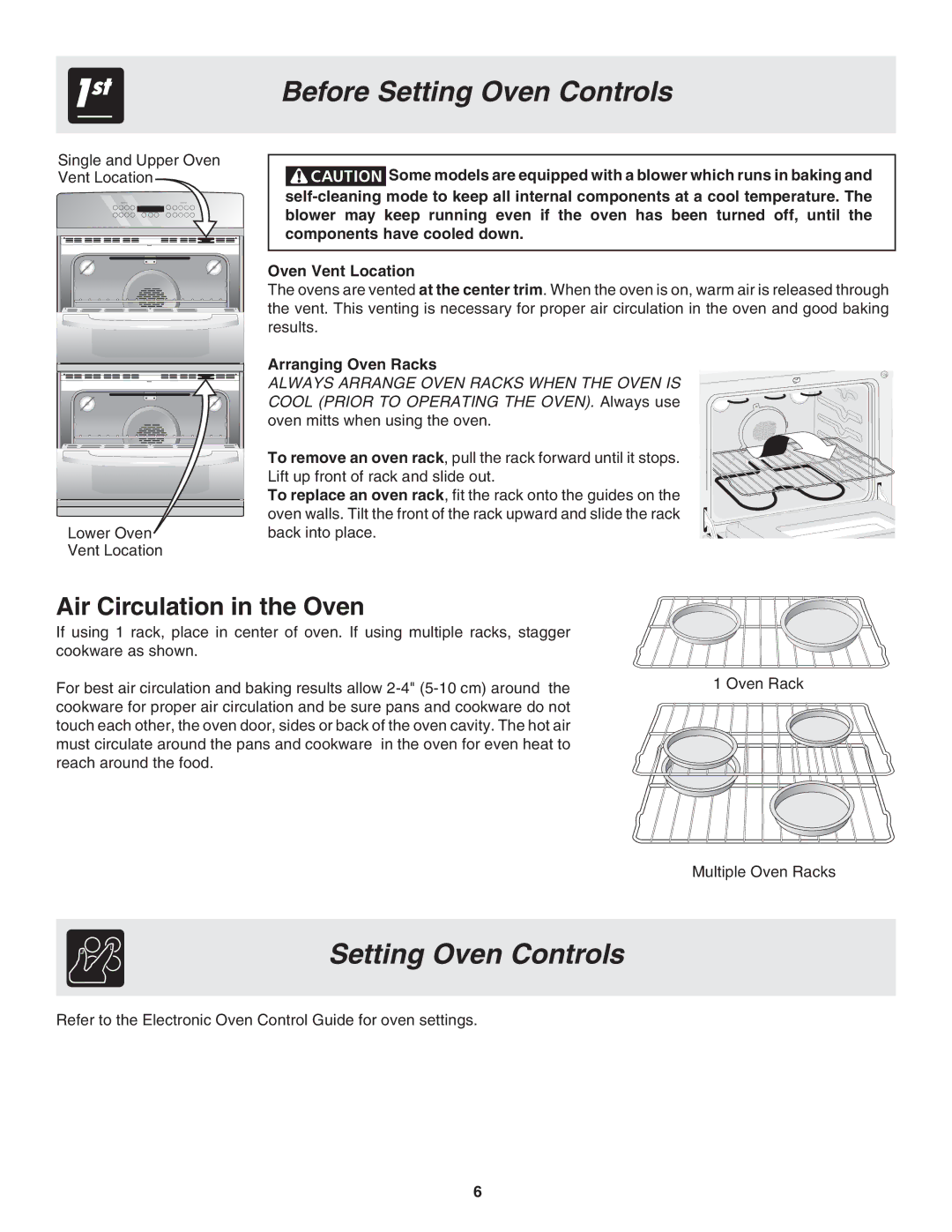 Frigidaire 318205119 warranty Before Setting Oven Controls, Air Circulation in the Oven, Arranging Oven Racks 