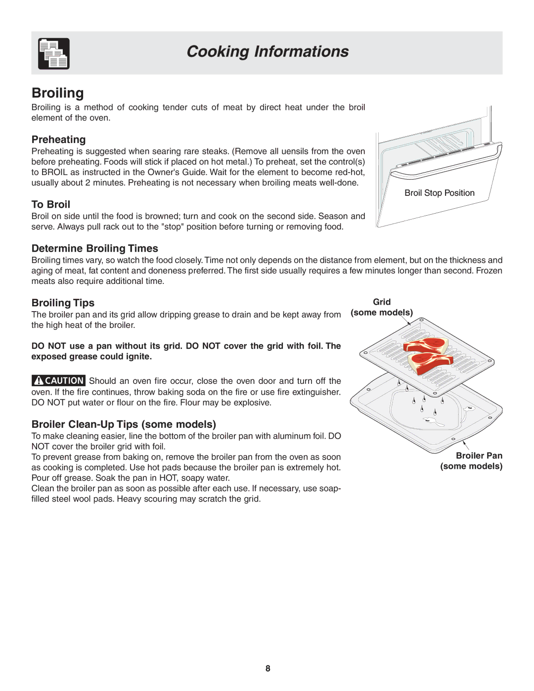 Frigidaire 318205119 warranty Broiling, Grid Some models Broiler Pan some models 