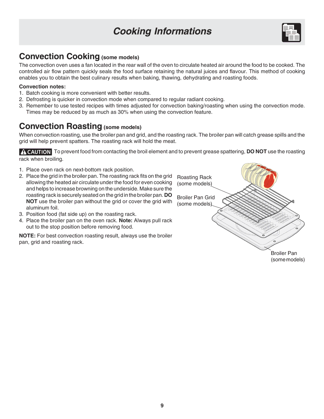 Frigidaire 318205119 warranty Convection Cooking some models, Convection Roasting some models, Convection notes 