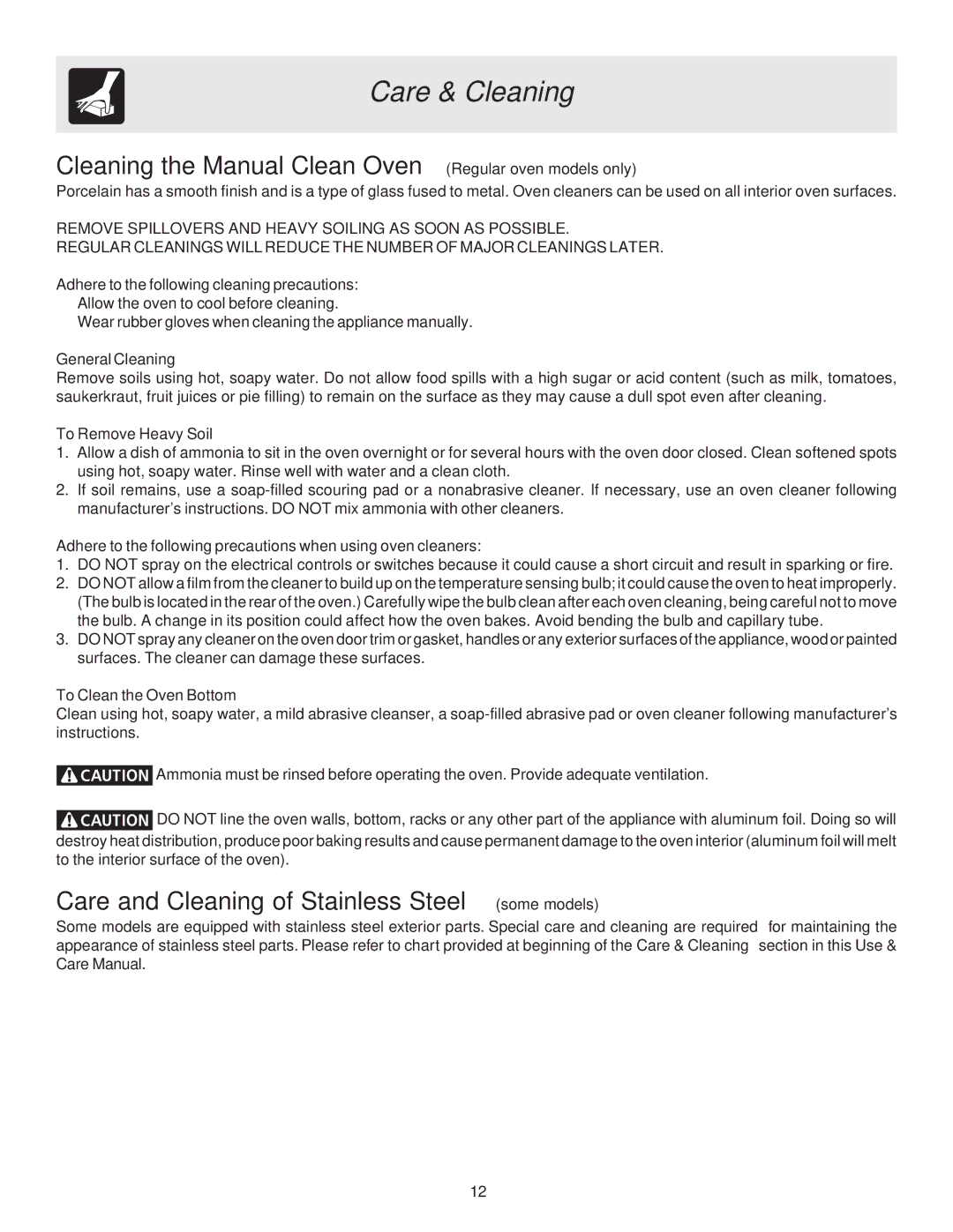 Frigidaire 318205120 Cleaning the Manual Clean Oven Regular oven models only, General Cleaning, To Remove Heavy Soil 